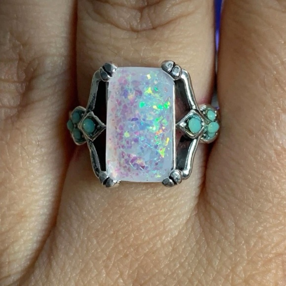 RESTOCK New Vintage Style Fire Opal Rectangular Cocktail Ring -Silver Opal Retro - Picture 5 of 16